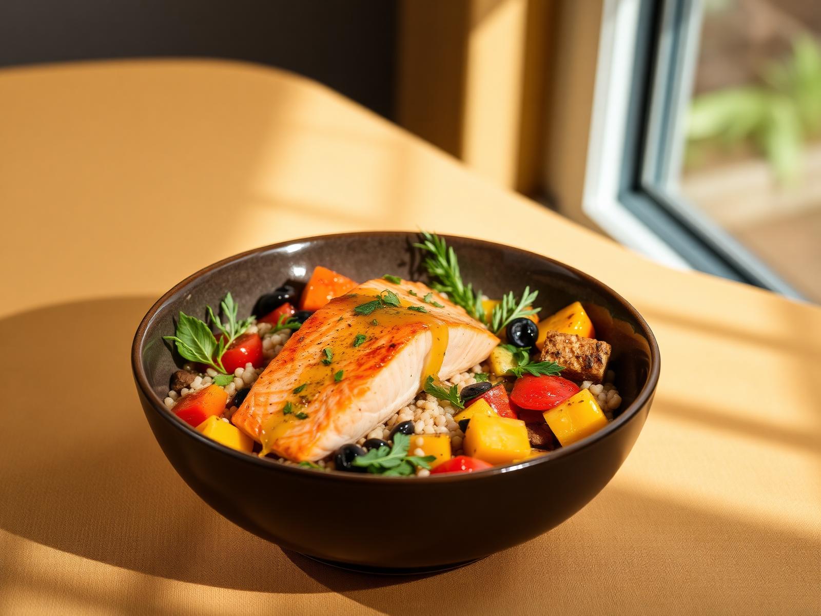 Mediterranean salmon grain bowl generated by Wajbahai AI